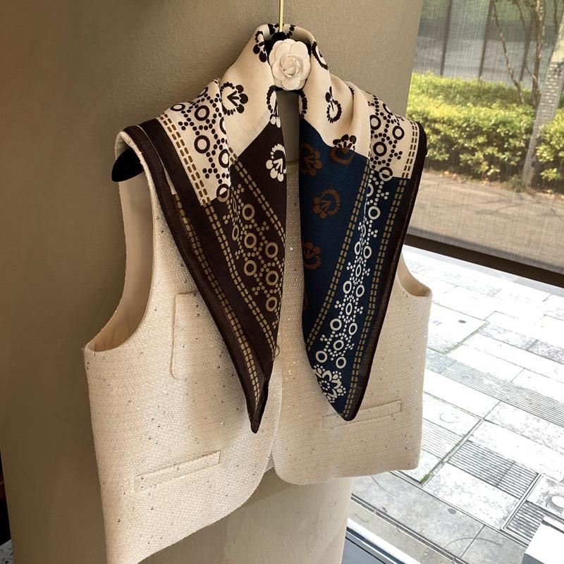 Four-grid circle polka dot printing silk scarf cotton and linen small square scarf women's versatile decorative small scarf scarf scarf shawl scarf