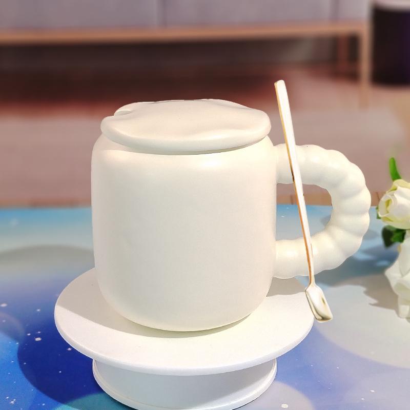 Candy-Colored Ceramic High-Value Men'S And Women'S Drinking Cups, Pearl Handles, Household Coffee Cups With Lids And Spoons