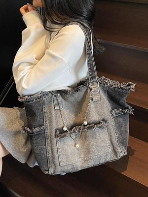 Borsa Tote in Denim a Gradiente di Grande Capacità - Borsa a Spalla Versatile per il Pendolarismo