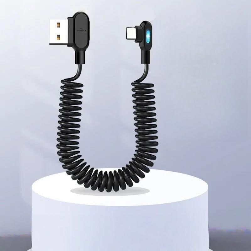 1 Stück 90-Grad-Winkel Auto USB C auf Typ C Schnellladekabel 6A Kurzes Spiral-Datenkabel für Telefon Xiaomi Ladekabel
