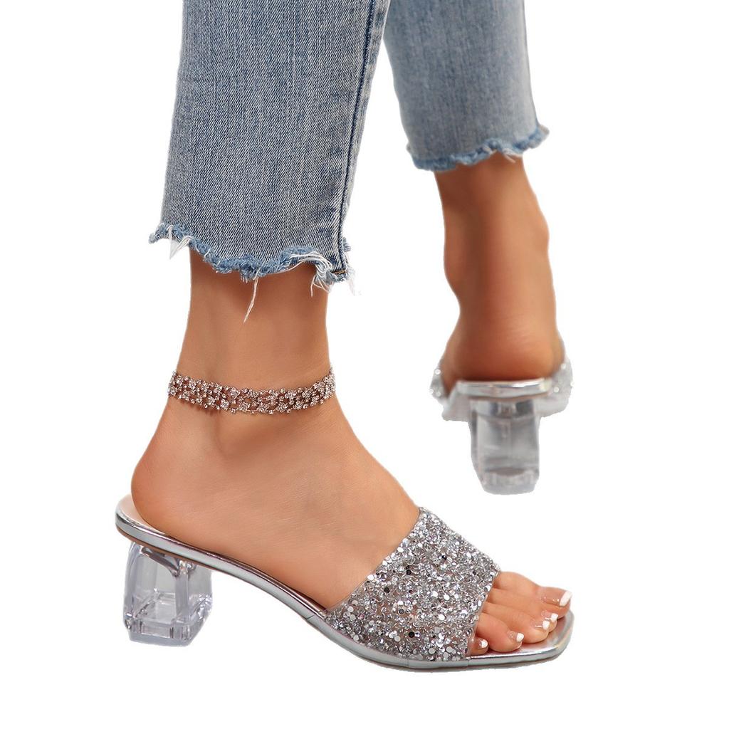 Women's Shoes 2025 Summer New Transparent Crystal Heel Small Cool Slippers Outside Wearing Temperament Sandals