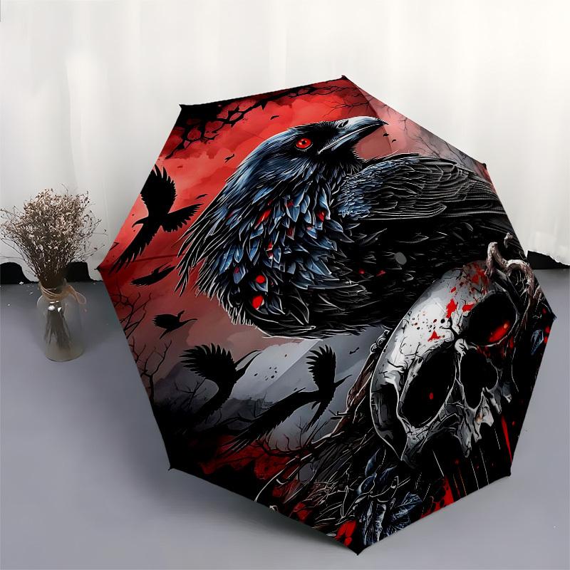 1pc Crow SkullOpen/Close Umbrella-Windproof, Compact Travel Umbrella, Sturdy 8-Rib Shaft1129