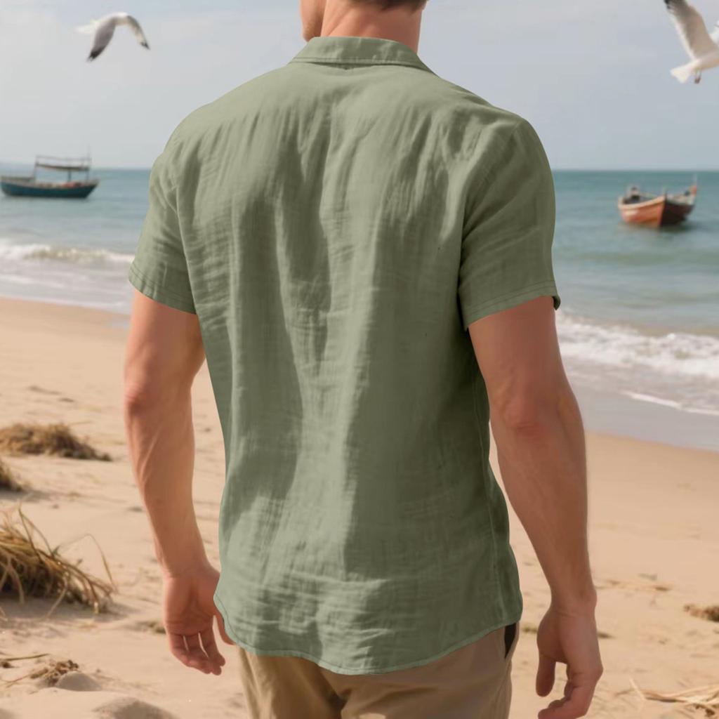 Men's Summer Linen Short Sleeve Shirt Casual Breathable Button Shirt Holiday Beach Summer Tops With Pockets