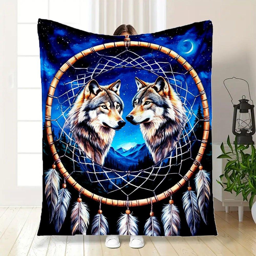 Dream Catcher with Wolves - Handmade Native American DecorBlanket Flannel Throw Blanket for Sofa, Bed, Travel, Camping, Office, Couch, Chair