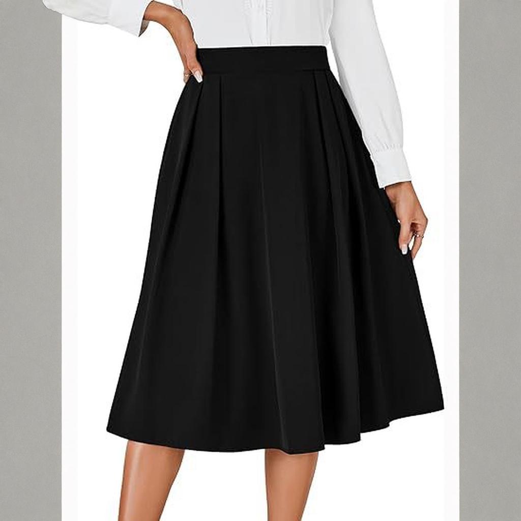 Women's Retro High-waisted Pleated Back Tie Flared A-line Midi Skirt