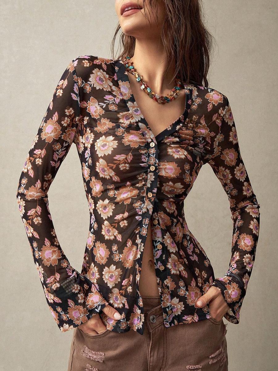 

Fall/Winter Printed Shirt Women Slim Fit Retro Style Work/Holiday Top S темний колір орхідеї