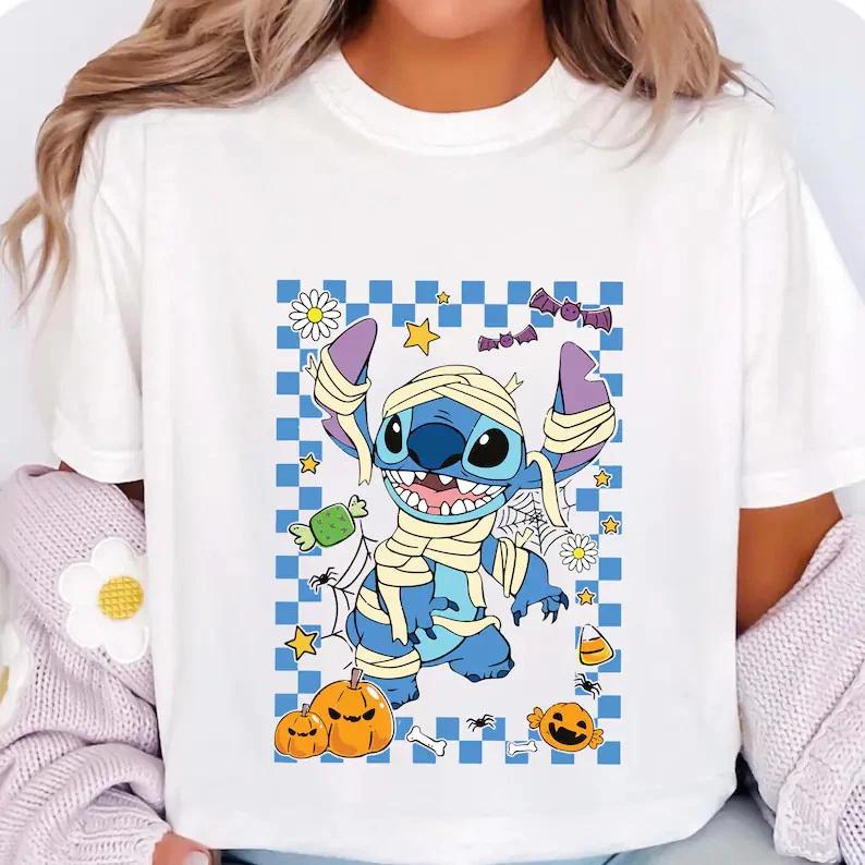 Cute Stitch Pumpkins Spooky Season Halloween White TShirt S