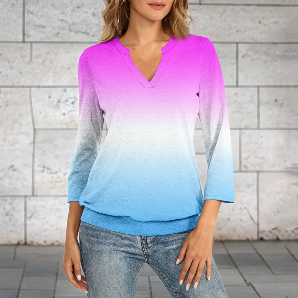 Women's 3/4 Sleeve Top Neck Hem V,Neck Summer Casual ,Shirt Gradient Printed Top