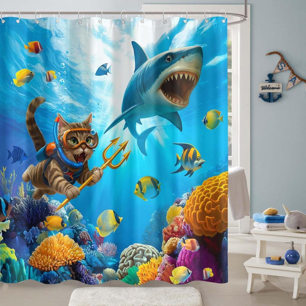 Funny Cat Shark Shower Curtain Ocean Tropical Fish Shower Curtains for Bathroom Kids Cute Fun Underwater World Coral Coastal