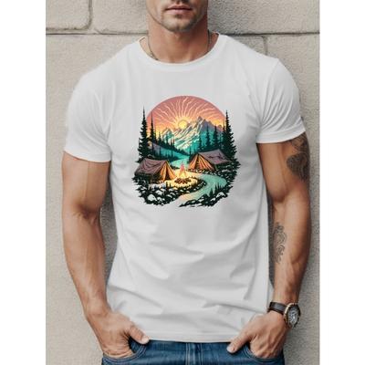 Europäische Größen Herren Lässiges Rundhals-T-Shirt, Oberteil mit geometrischem Muster und Design mit Bergen und Flüssen