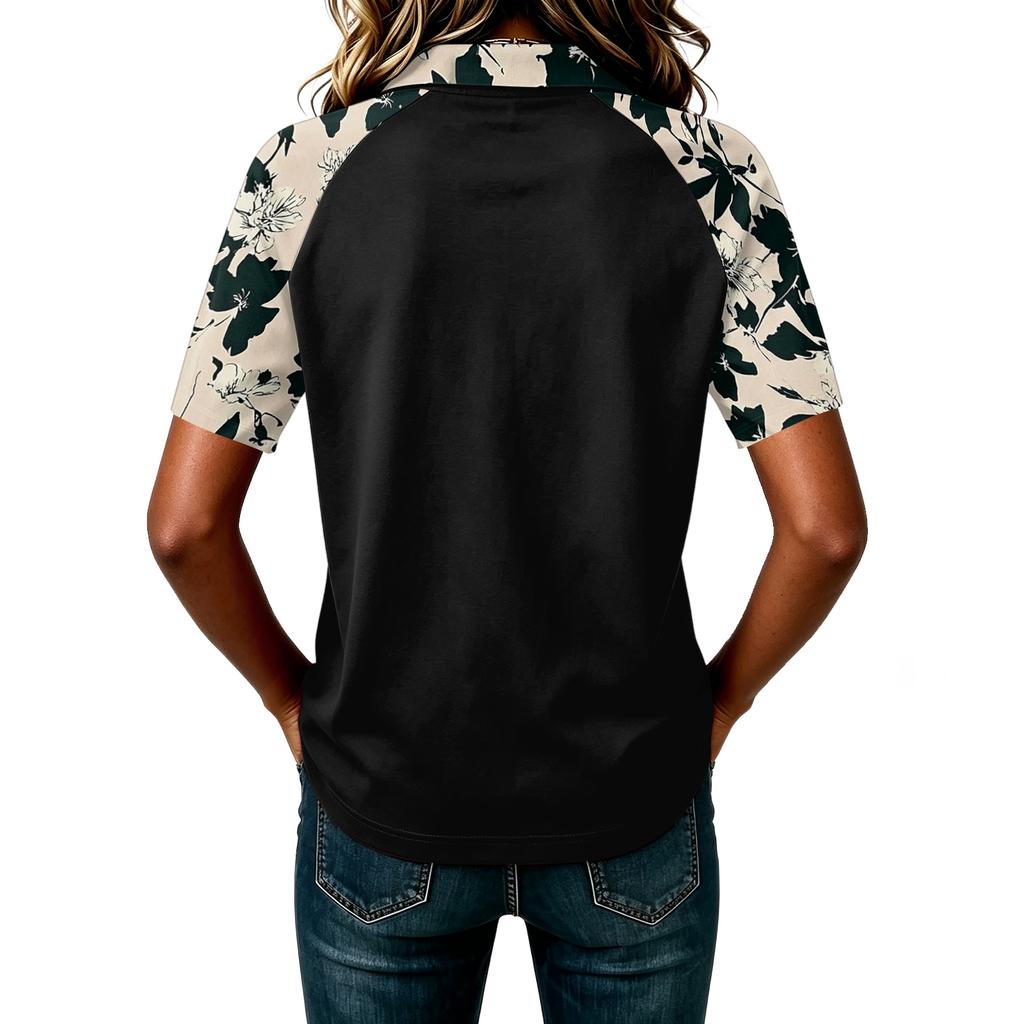 Women's Casual Patchwork Sleeve Printed Polo Shirt Button Down Collar Short Sleeve Top for Everyday Wear