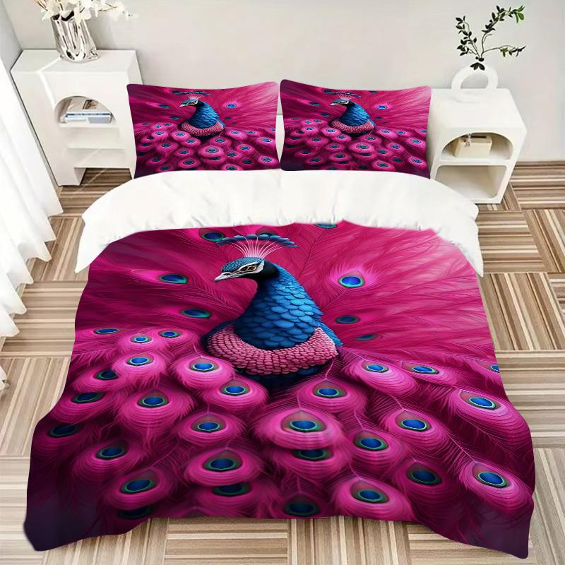 3pcs Peacock Feather Print Duvet Cover Set, 1 Duvet Cover + 2 Pillowcases (No Insert), High-Definition Print, Home & Dorm yy251123006