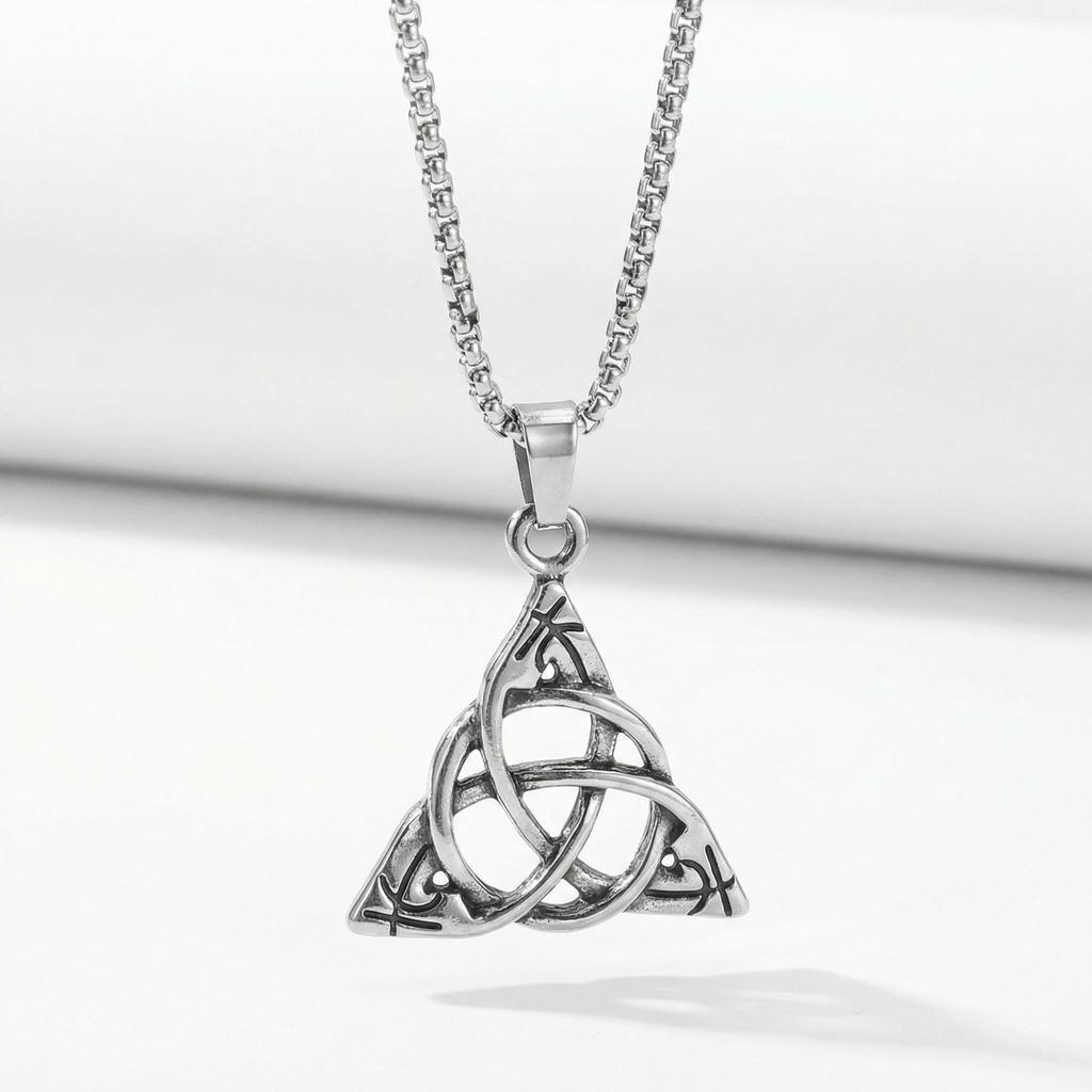 Men Trendy Punk Sweater Chain European American Retro Irish Concentric Knot Triangle Tag Stainless Steel Unisex Long Necklace