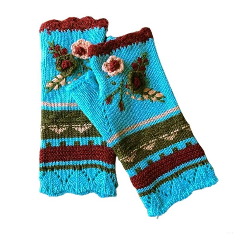 Stylish Half Finger Gloves for Women Knitted Winter Wrist Warmers with Floral Embroidery X3UC