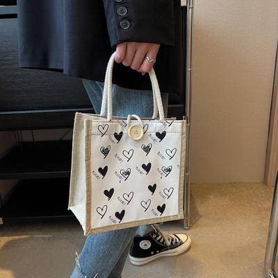 Borsa a Mano con Bottoni e Zip in Lino Borsa Portatile per lo Shopping Borsa Tote da Pranzo/Spesa per Donna