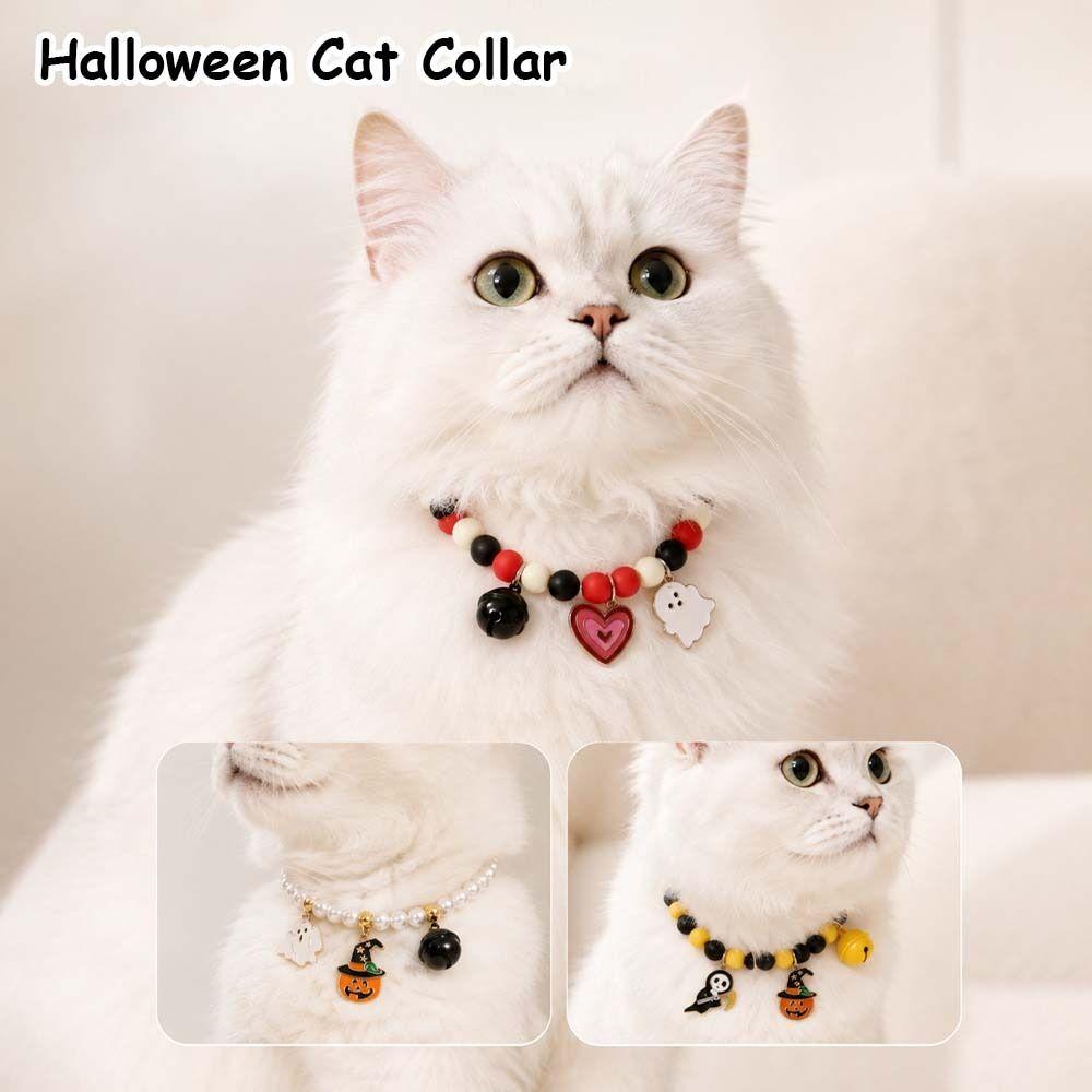 Elastic Halloween Cat Collar Ghost Pendant Kitten Collar Cute Ghost Beaded Necklace  Party Costume