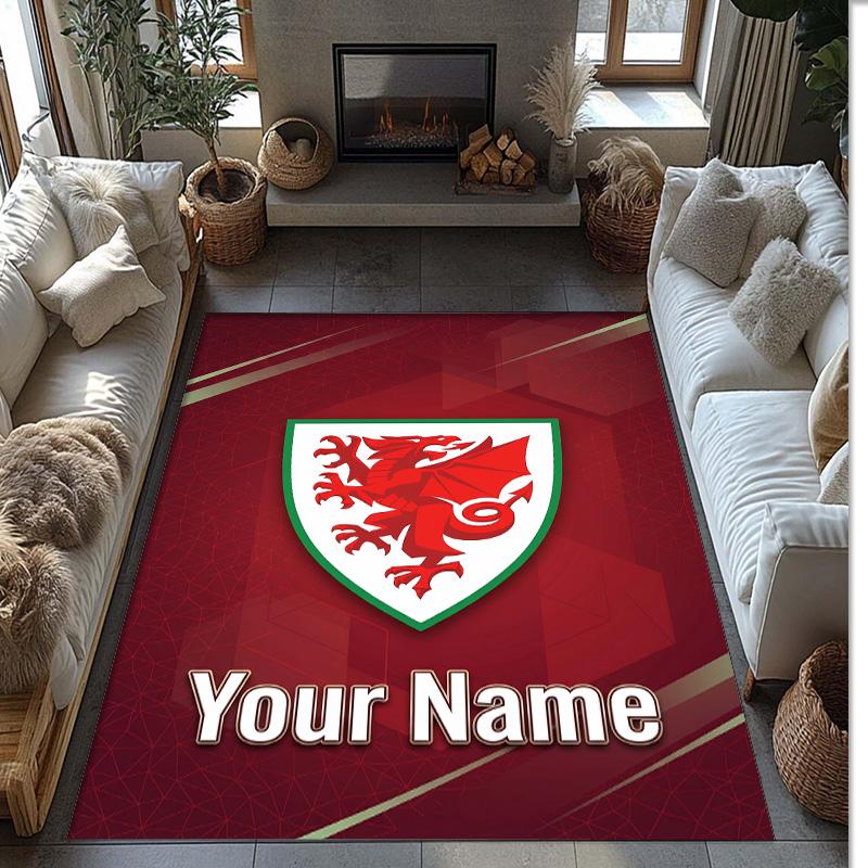 Wales Rugby Crystal Velvet Rug, Custom Name Text Personalized Non‑Slip Floor Mat for Home Decor Gift