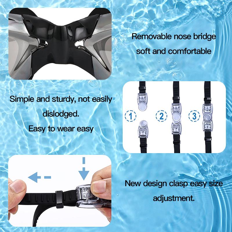 Okulary pływackie Okulary pływackie dla dorosłych z krótkowzrocznością Jednoczęściowe zatyczki do uszu Galwanizacja Przeciwmgielne Okulary pływackie o wysokiej rozdzielczości