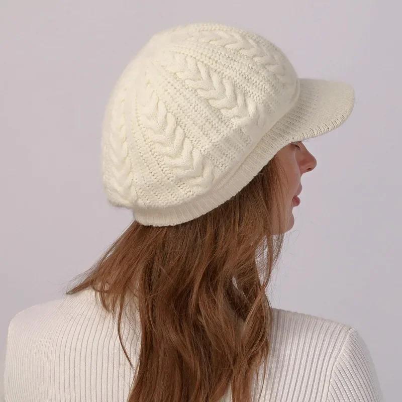 High Quality Wool Women Winter Warm Slouchy Cable Knit Beanie Skull Beret Hat With Visor Outdoor Thicken Lady Bonnet Gorros