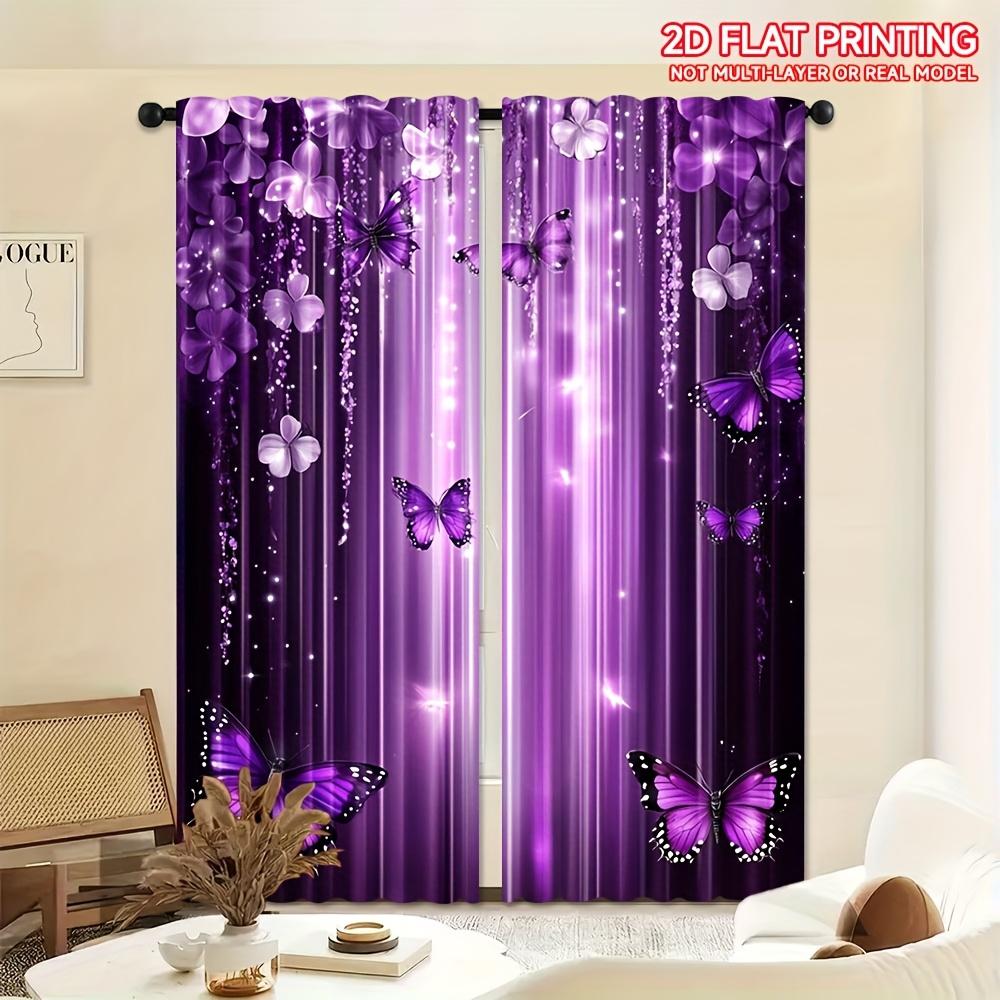 2pcs Purple Butterfly and Floral Print Curtains – Ideal for Artistic Decoration In Bedroom Living Room and Office