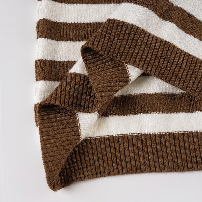 European & American Retro U-Neck Color Block Stripe Knit Sweater - Women's Casual Long Sleeve Top