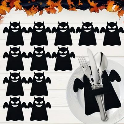 12 szt. Halloweenowy uchwyt na łyżkę i widelec w kształcie nietoperza, upiorna dynia, szkielet, duch, pająk, czarny kot, pokrowiec z filcu na sztućce, dekoracja stołu jadalnego na przyjęcie świąteczne