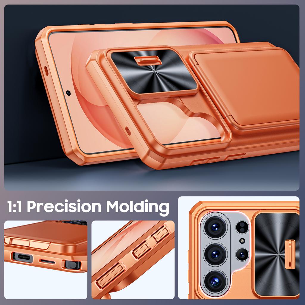With Card Holder Sliding Camera Cover And Stand For Samsung Galaxy S26 Ultra Phone Case, Anti-Fall PC+TPU Wallet Case-Orange