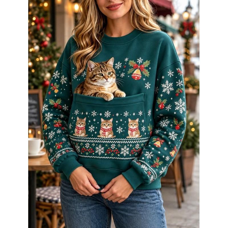 Christmas Cat Pocket Print Sweatshirt Retro Long Sleeve Top Holiday