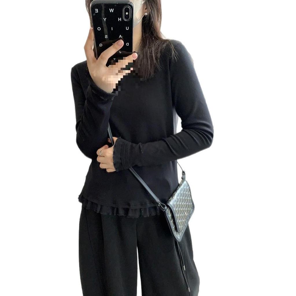 Ruffle Lace Long Sleeve Base Layer: 27% Viscose, 67% Special Polyester, 6% Spandex - Korean Style Artistic Niche.