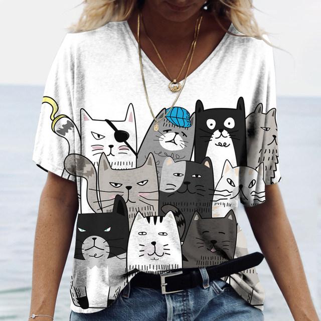 Women Cat Print Women's T-Shirt Oversized T-Shirt Top Women Clothing Design Plus Size V Neck Tee Casual