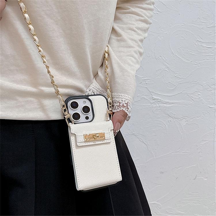 Applicable To Iphone15pro Lychee Pattern Mirror Card Bag Apple 14 Chain Crossbody 13pro Card Function Leather Case