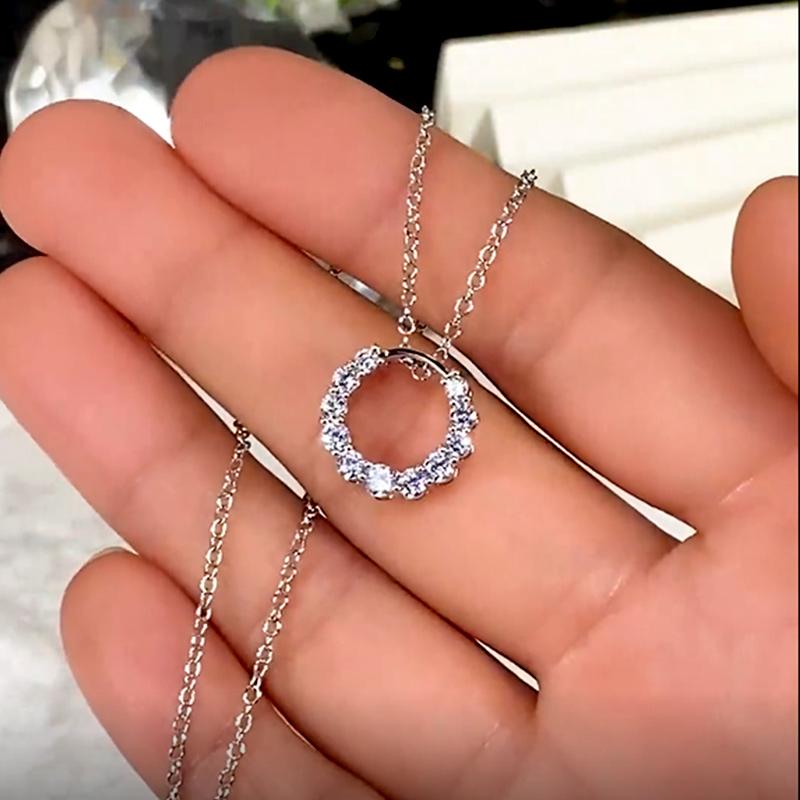 Huitan Delicate Circle Shape Pendant Bridal Wedding Necklace Silver Color Shiny CZ Elegant Timeless Style Women Necklace
