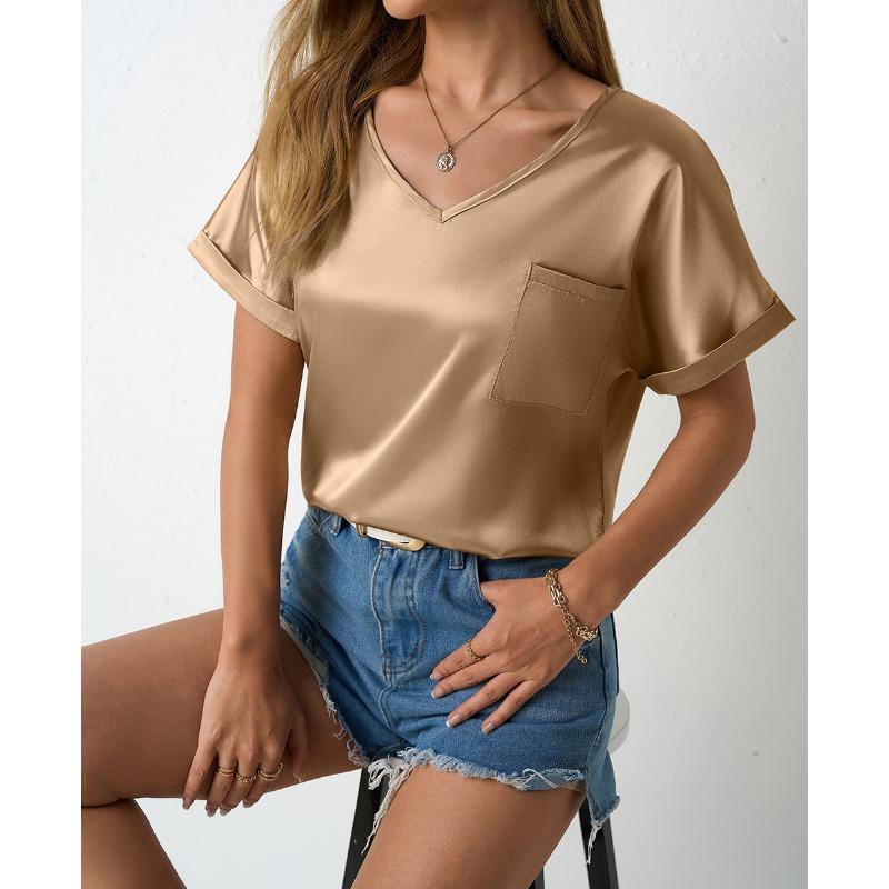 Women's Summer Fashion New Loose Pocket Roll Short Sleeve Casual Top