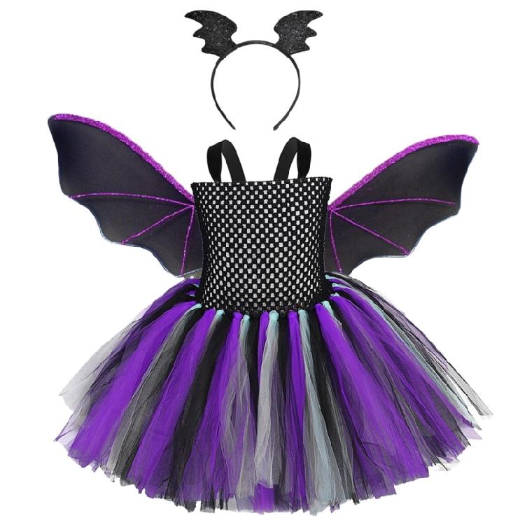 Kinder Mädchen Fledermaus Kostüm Halloween Vampire Cosplay Kostüm Set Fledermausflügel Tüllkleid Fledermausflügel Stirnband Verkleidungsparty