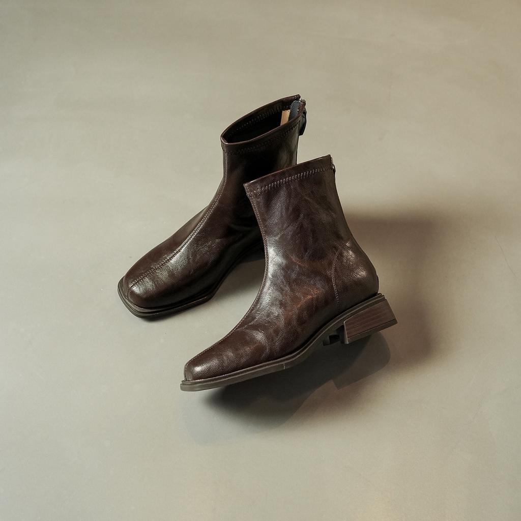 Retro square head elastic thin boots women's new thick heel short Chelsea boots versatile commuter leather boots