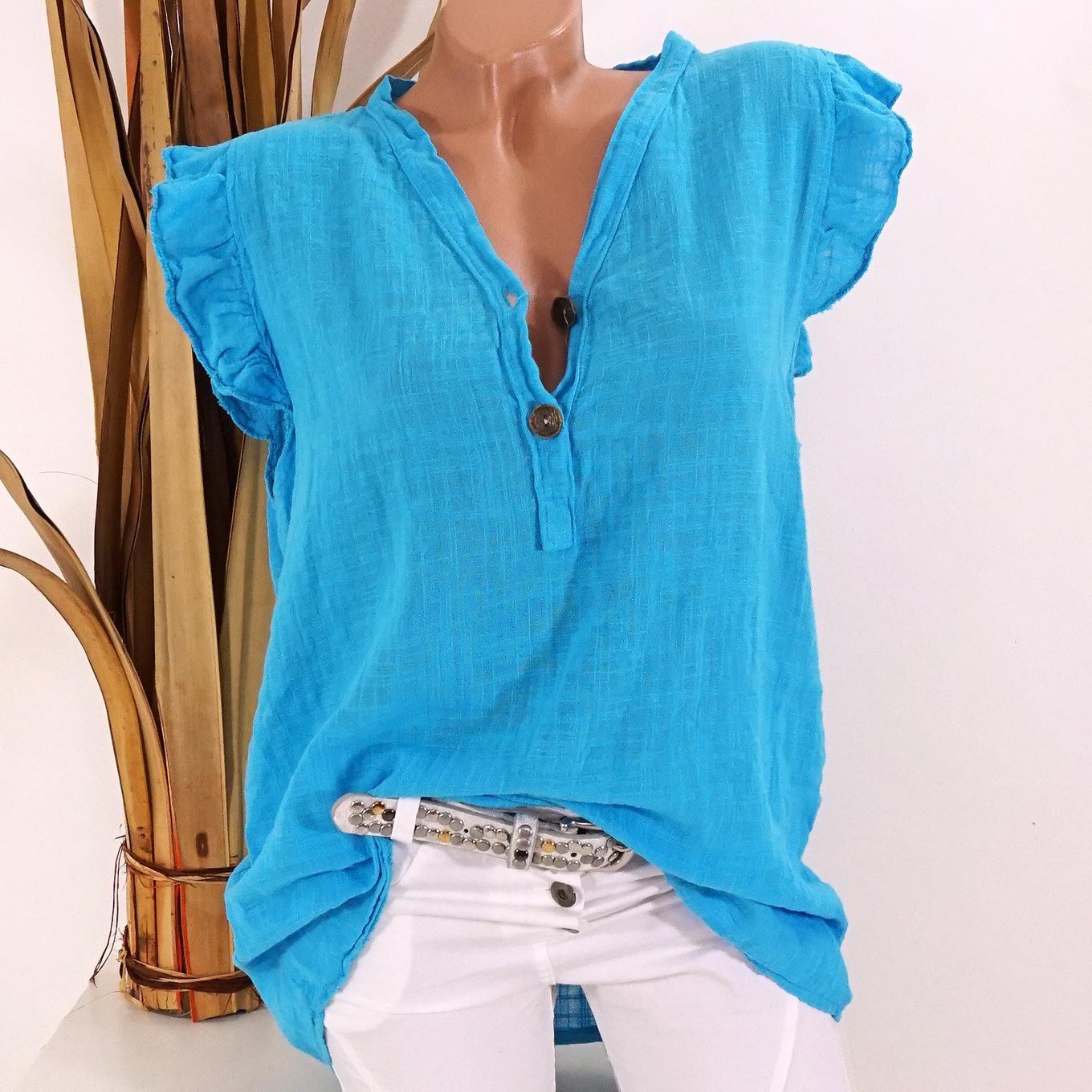 

Повітропроникна одноколірна бавовняна лляна блузка з ґудзиками з V-подібним вирізом, жіноча вільна сорочка L