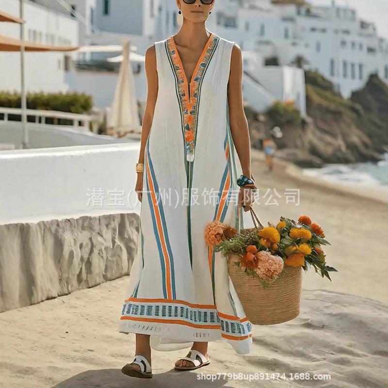 Spot new European and American women's clothing V-neck holiday casual digital positioning printed women's dress