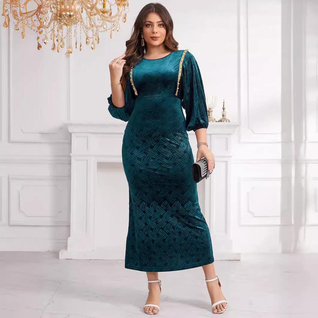 Velvet Embossed Beaded Lantern Sleeve Slim Fit Dress