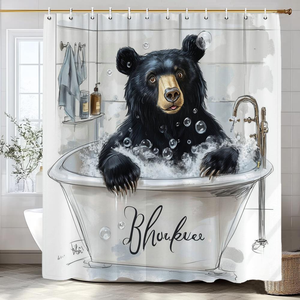Cute Black Bear Bathing in the Bathtub Shower Curtain, Bathroom Decorative Shower Curtain, Waterproof Shower Curtain with Hooks