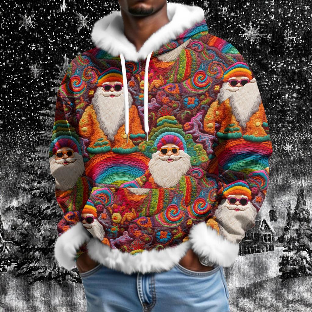 Men's Christmas Printed Lined Hoodie | Faux Trim Party Sweatshirt With Pocket | Plus Size Loose Fit Holiday Pullover