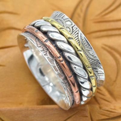 Silver-Spinner Ring, Solid 925 Sterling Silver Three Tone Statement Spinner Ring