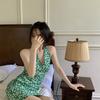 Hong Kong-style Retro A-line Short Skirt, Summer New Korean V-neck Halter Floral Pencil Hug, Slimming Strappy Sexy Dress for Women