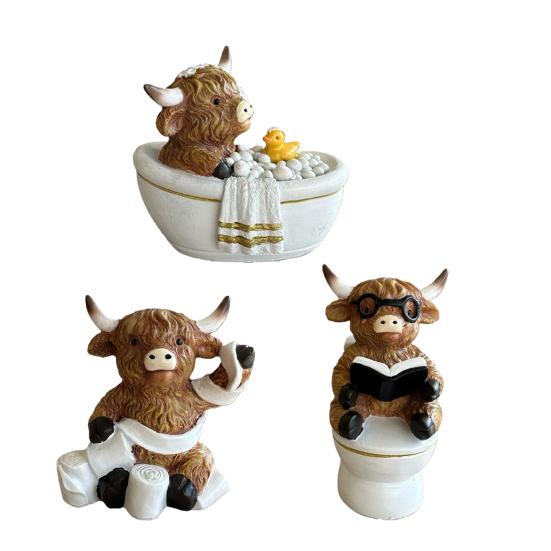 1/3Pcs Bathroom Highland Cow Figurine Bathing Reading Book Toilet Paper Highland Cattle Resin Statue Sculpture Decoration Ornament Calf Lovers Gifts