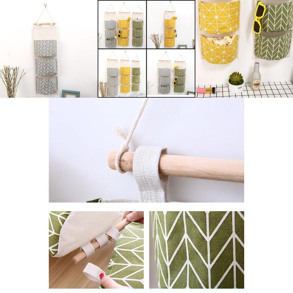 Elegant Space-saving Hanging Storage Bag With Durable Cotton Linen And 3 Pockets For Sundries