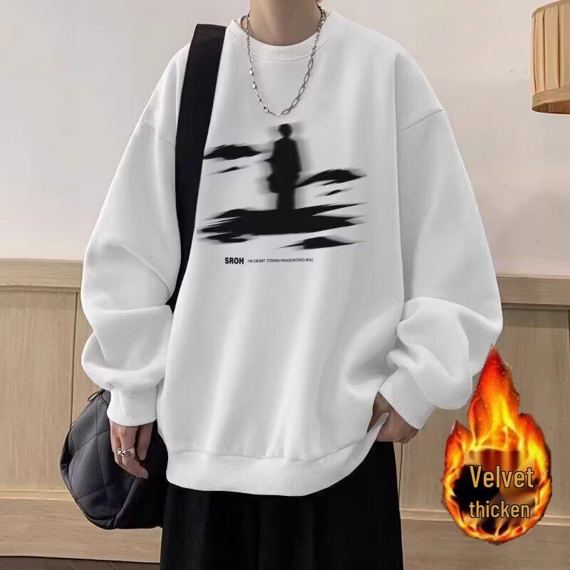 Men's American Retro Fleece-Lined Round Neck Sweatshirt, Heavyweight Cotton Casual Loose Top for Autumn/Winter.