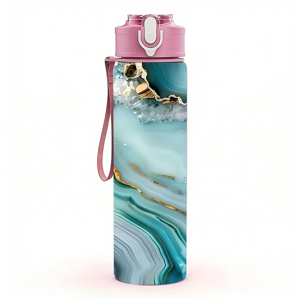1PC Teal Gold Geode Marble Pattern 750ml Color Plastic Sports Water Bottle Leakproof Flip Straw Lid Suitable for Sports Office Home Use