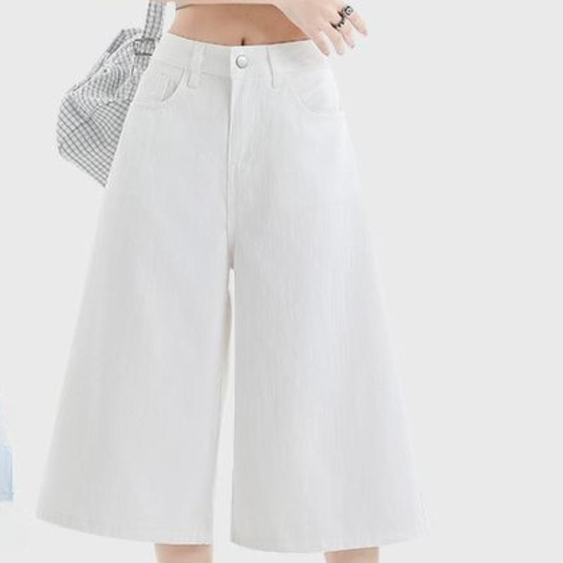Trendy Summer Loose Fit Denim Cropped Capri Pants For Petite Women High Street Wide Leg Straight Versatile Slimming Daily Trousers