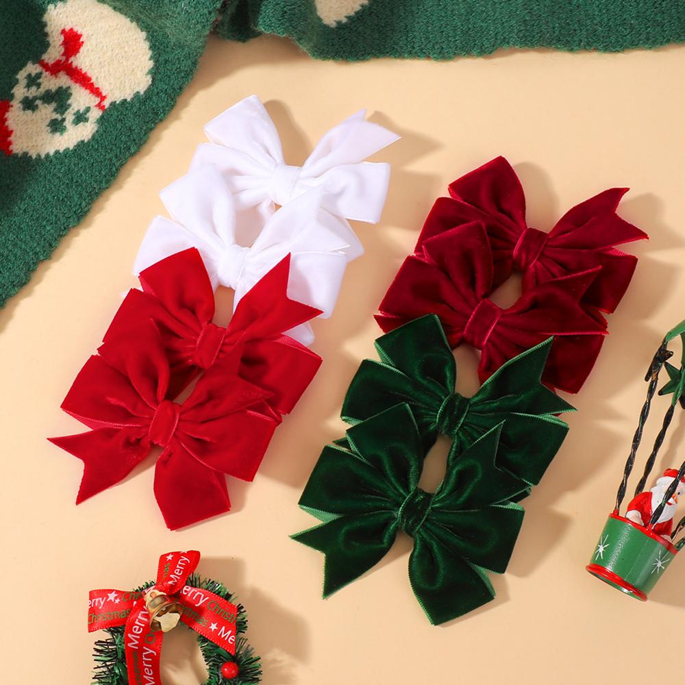 For Baby Girls Vintage Christmas Red Green Bowknot Barrette Hair AccessoriesHandmade Velvet Bow Hair Clips