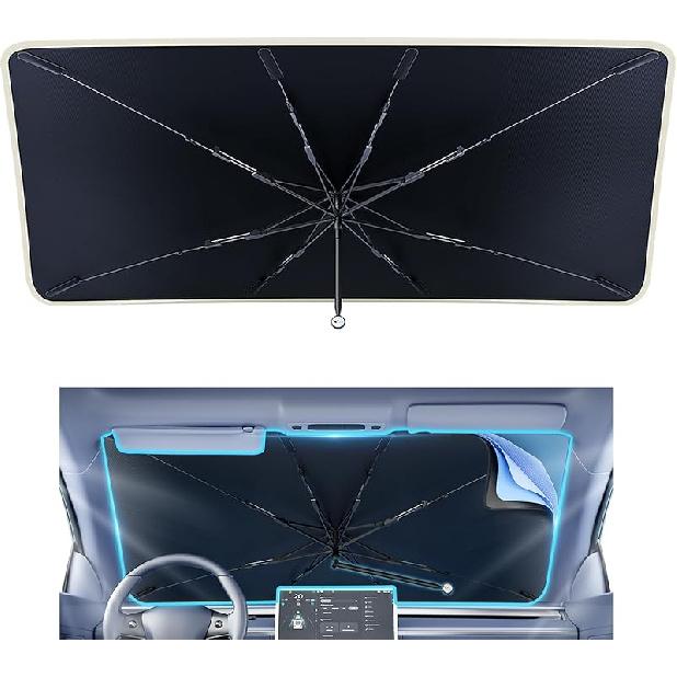 Helloleiboo [2025 Upgraded] Car Windshield Sun Shade Umbrella 61"X 34" Windshield Sun Shade Foldable 5-Layer Thickened Vinyl Coating Reflective