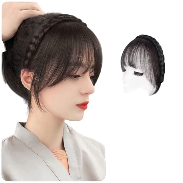 HAIR WALA™ Front Hair Fringe Natural Black Color Extensions Synthetic Fake Hair Neat Fringe Bangs with Double Row Braids Headband for Women Girls